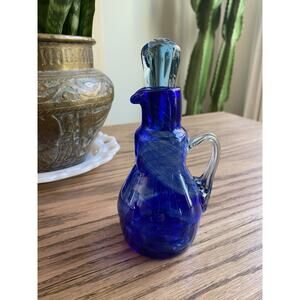 Vintage Hand Blown Glass Cobalt Blue Cruet Decanter Swirl Cruet With Stopper